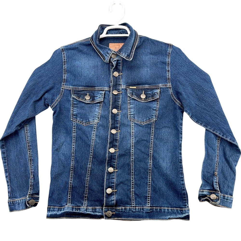 Polo Wear Mens Denim Jacket Blue Dark Wash Stretch Trucker Size Medium